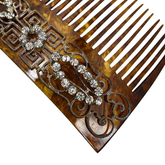 Vintage Art Deco Faux Tortoise Acetate Hair Comb Applied Filigree & Rhinestones - Picture 4 of 10